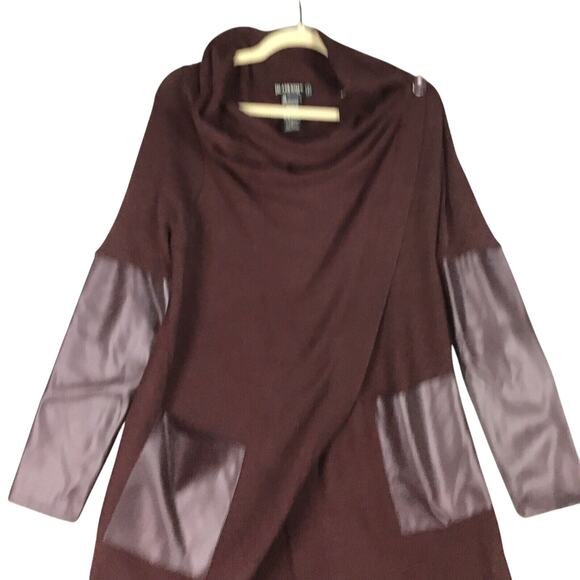 Blank NYC Women’s Size S Maroon Faux Leather Panel Drape Cardigan Sweater - Picture 10 of 14